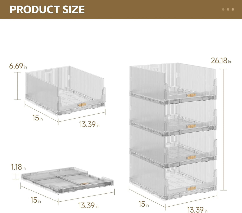 MIOPUR Stackable Closet Organizers and Storage Bins, 4 Pack Foldable Drawers, Clear R921