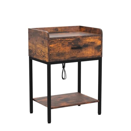 Lerliuo Nightstands Set of 2 with Charging Station, 3-Tier End Side Table with Storage Drawer, Oak Grey M155