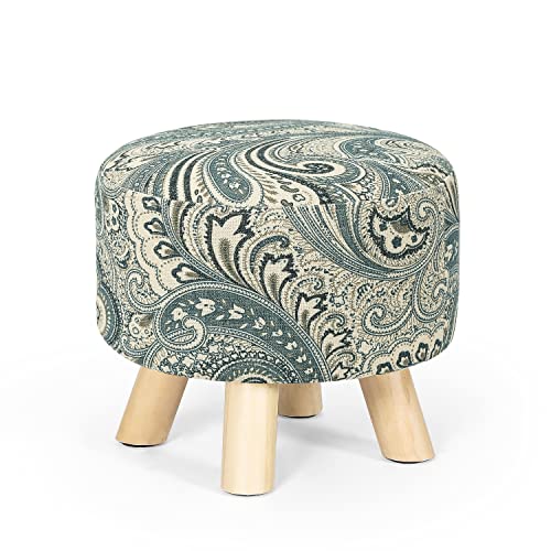 Asense Small Round Ottoman Foot Rest Stool Linen Padded Seat Footstool Ottoman with Non-Skid Wooden Legs (White+Black,Linen)