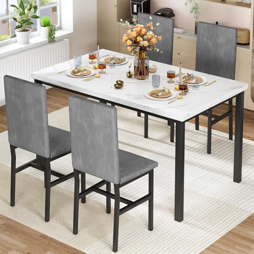 Hooseng Dining Table Set for 4, Faux Marble Tabletop & PU Leather Chairs, Brown & White Z433