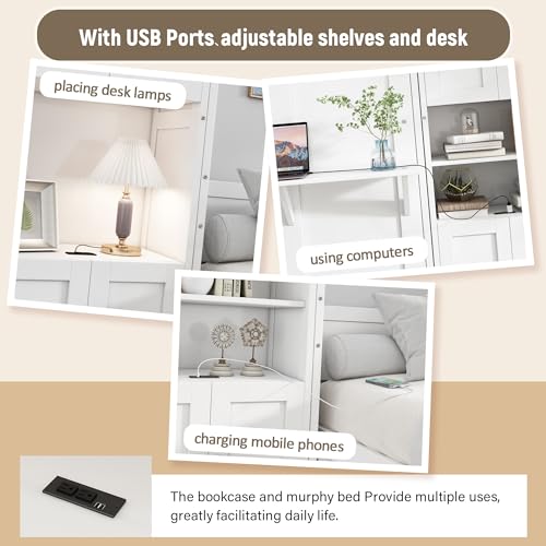 Murphy Bed Queen with 2 Side Cabinet Storage Shelves, USB Port, Foldable Platform Bed Frame, White F219