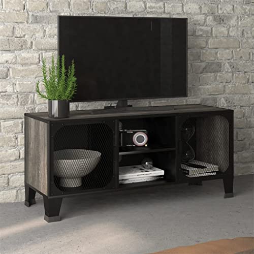 TV Stand Gray 41.3"x14.2"x18.5" Metal and MDF,Modern Industrial Metal and MDF TV Stand with Mesh Doors and Shelf for Living Room Furniture for TV & Media, Entertainment Centers
