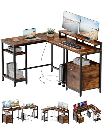 L Shaped Computer Desk with File Drawers, Power Outlets, Vintage Gray J419906
