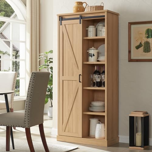 72" Farmhouse Kitchen Pantry with Sliding Barn Door, White B37295