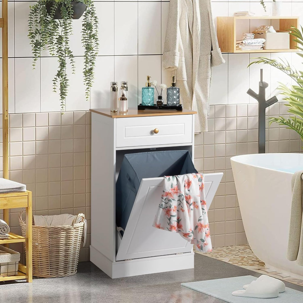 Karl home Tilt Out Laundry Hamper Cabinet with Drawer, Trash Can Cabinet, Dirty Clothes Basket Cabinet for Bathroom Kitchen, White