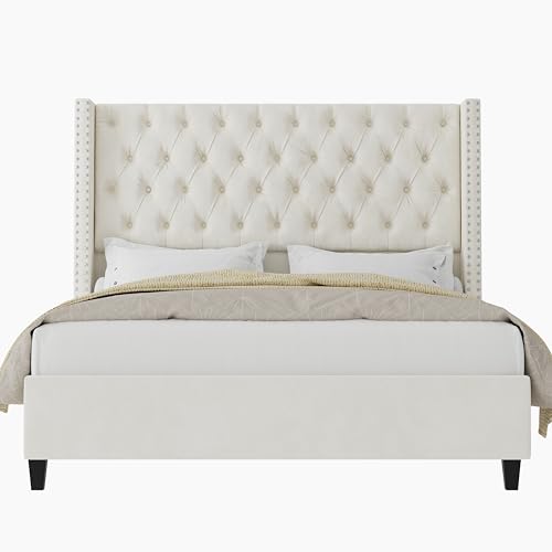 Jocisland King Upholstered Bed Frame with Tall Headboard Wingback Platform Bed, Light Grey R98398