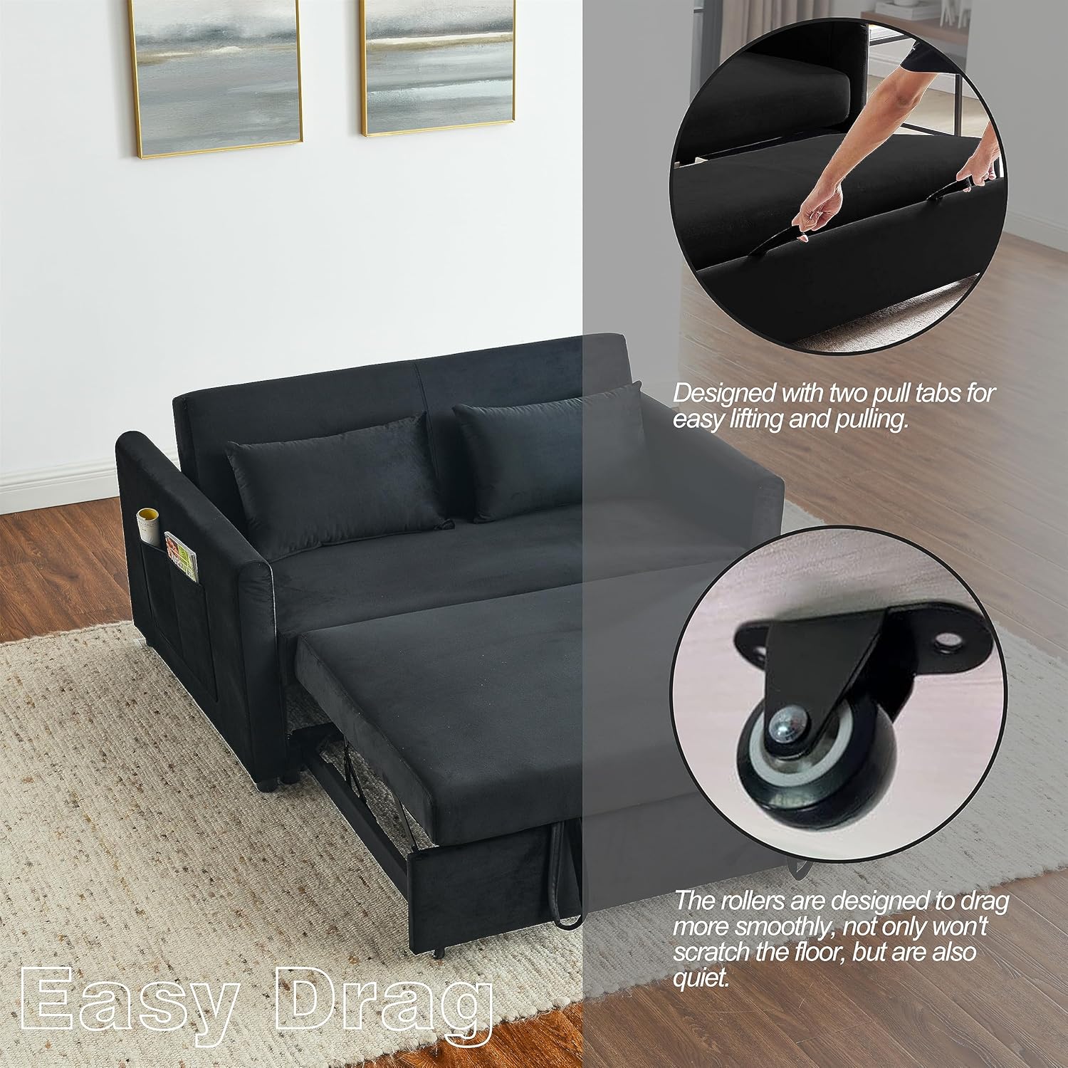 54 Inch Convertible Sleeper Sofa Velvet Loveseat with Pullout Bed, Black Q87897