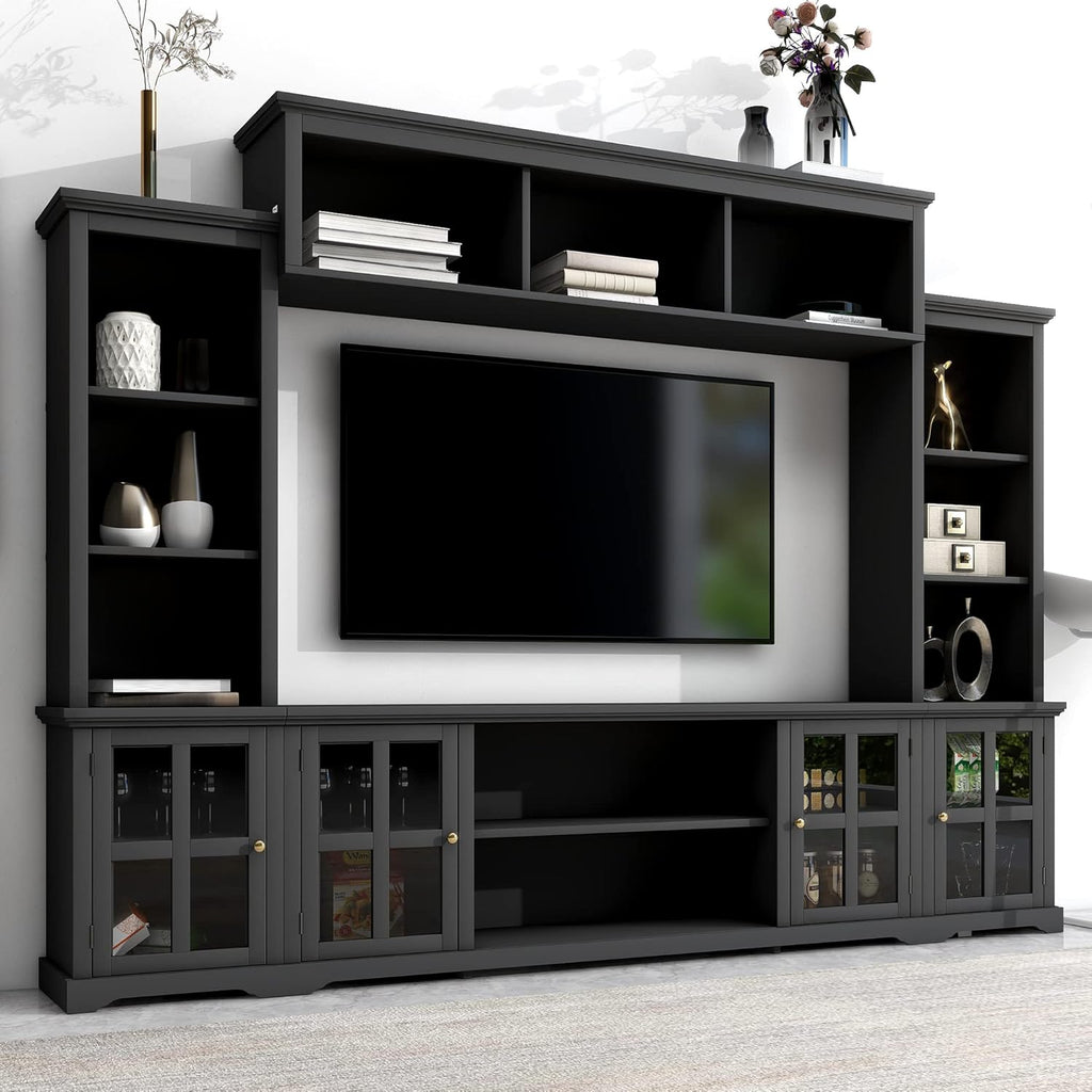 Modern Entertainment Wall Unit Bookshelves, Console Table Minimalism Multifunctional Stand for TVs Up to 70" with Glass Doors & Shelves for Living Room,Home Theater,Black, with Bridge
