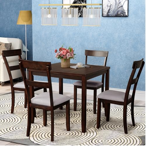 Merax 5-Piece Dining Table Set with 4 Upholstered Chairs, Espresso R31163
