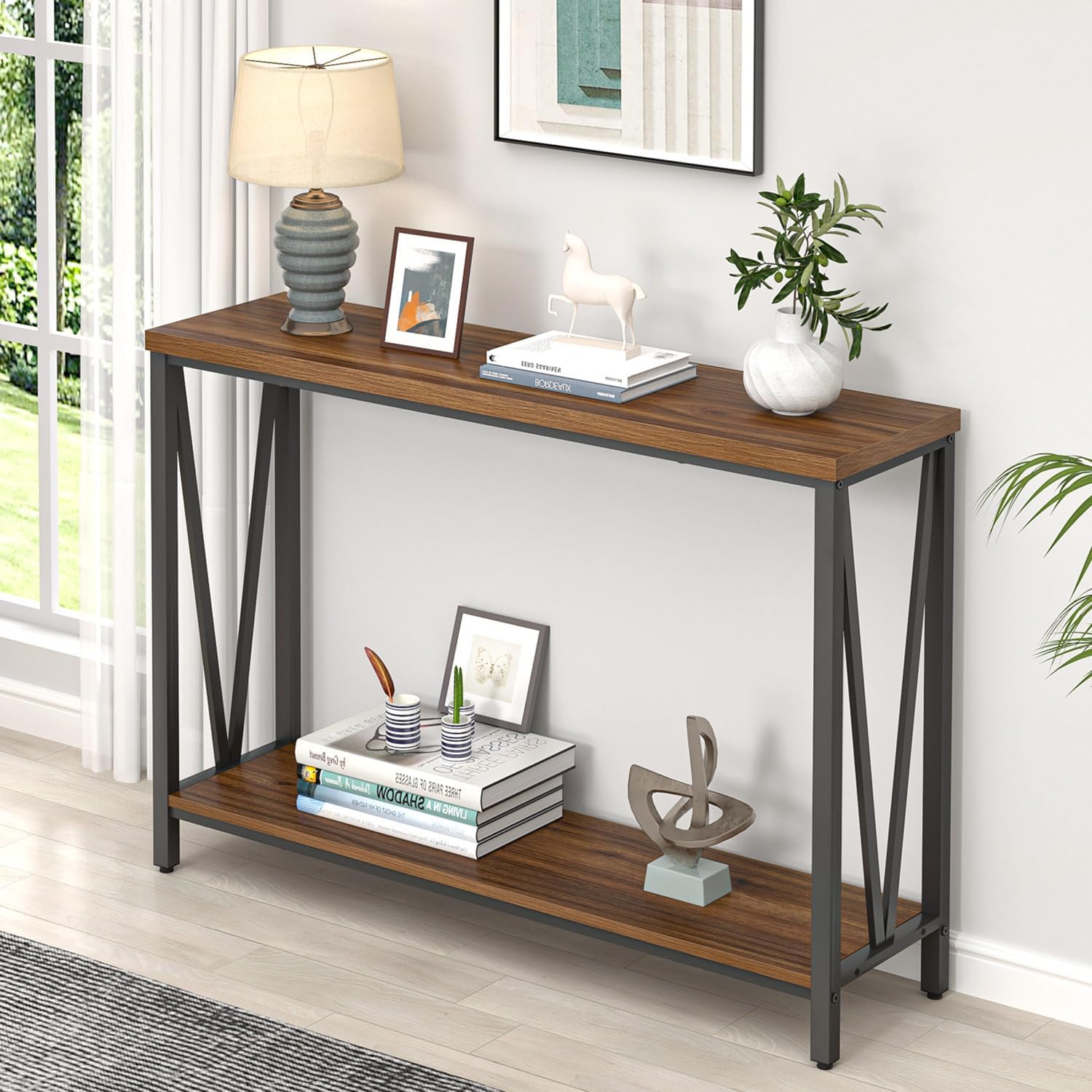 FOLUBAN Modern Coffee Table with Storage Shelf, Rustic Walnut T526484