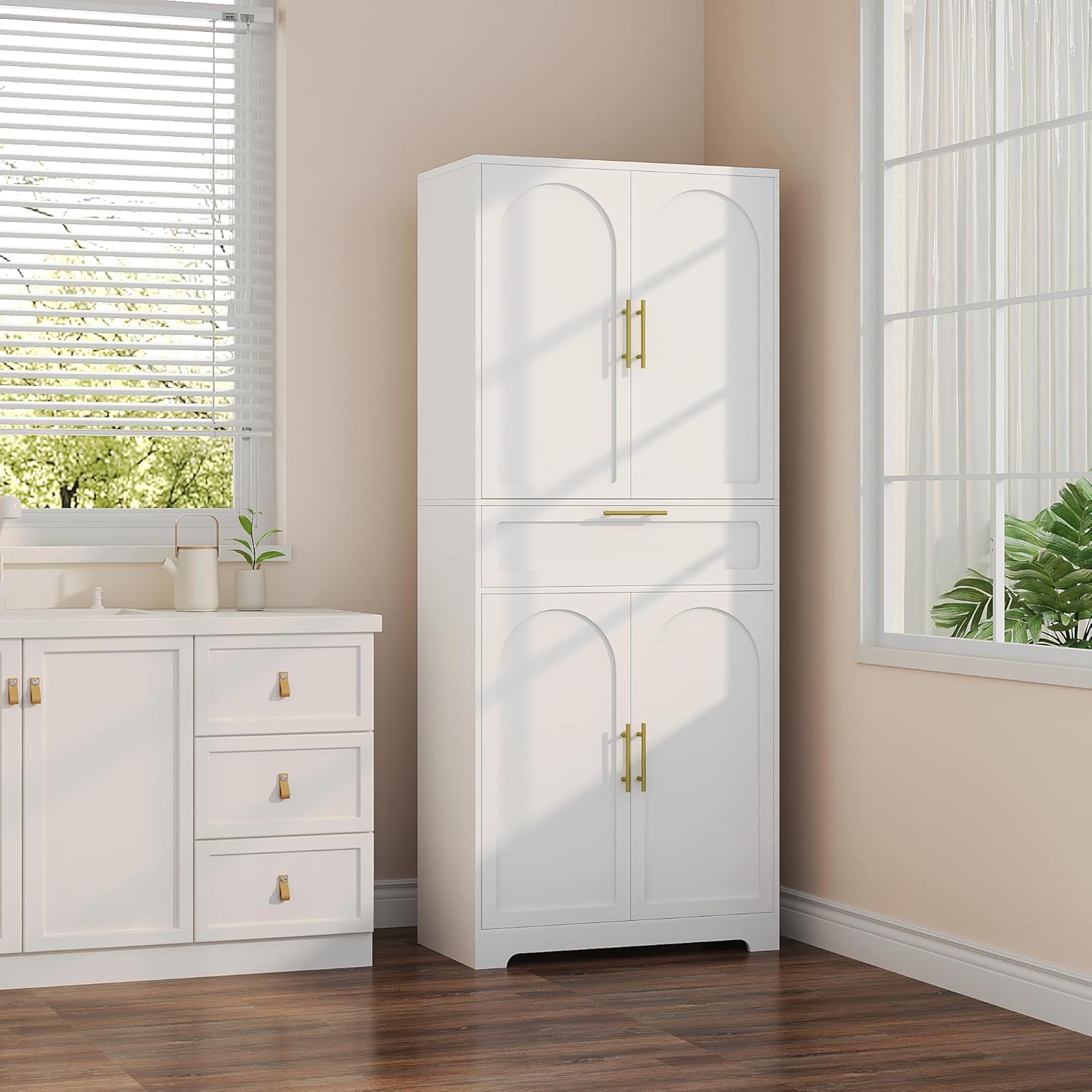 71" Kitchen Pantry Storage Cabinet with Adjustable Shelves, White F9467