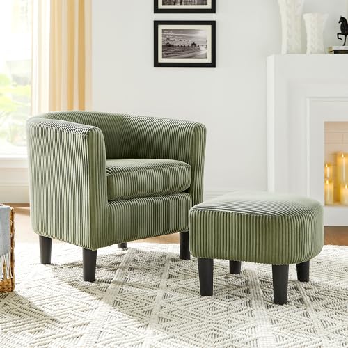 Accent Chair with Ottoman, Corduroy Fabric Armchair and Footrest Set, Green J344