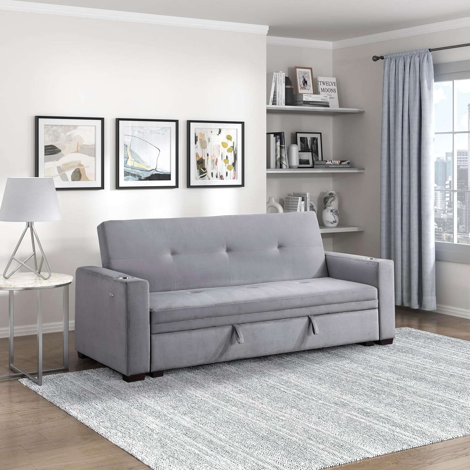 Lexicon Futon Sofa Bed, 83.5" Couch, Sleeper Sofa, Velvet Futon with Storage, Armrest, Two Cup Holders and USB Ports, Sofa Cama, Couches for Living Room and Bedroom, Grey