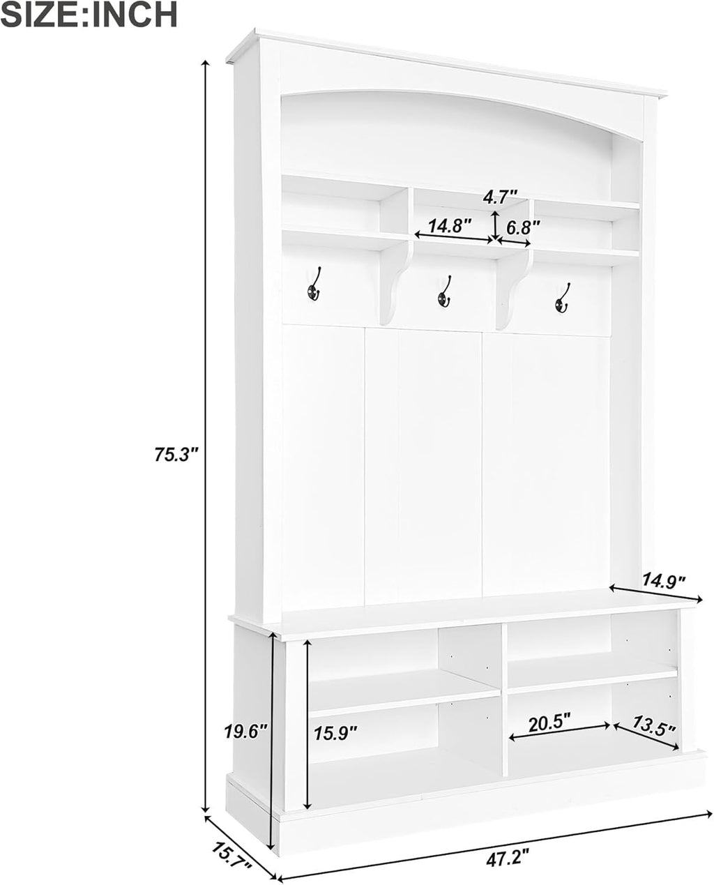 47.2" White Hall Tree with Bench, Hooks & Shelves W3810