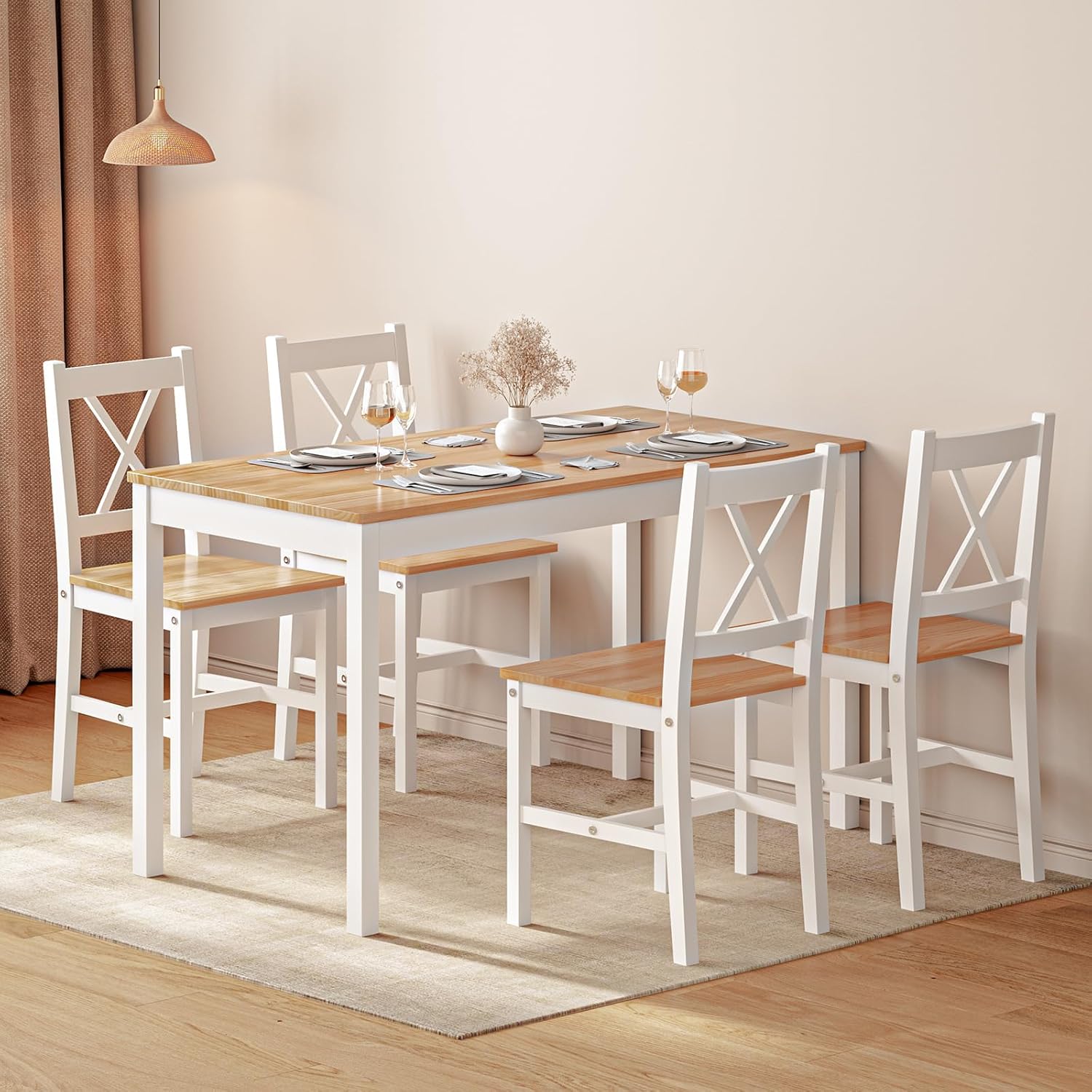 sogesfurniture 5-Piece Wood Kitchen Dining Table Set with 4 Chairs, White & Oak R84579