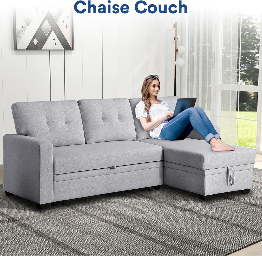 4-in-1 Convertible L Shaped Couch with Pull Out Bed and Storage, Light Gray G8799