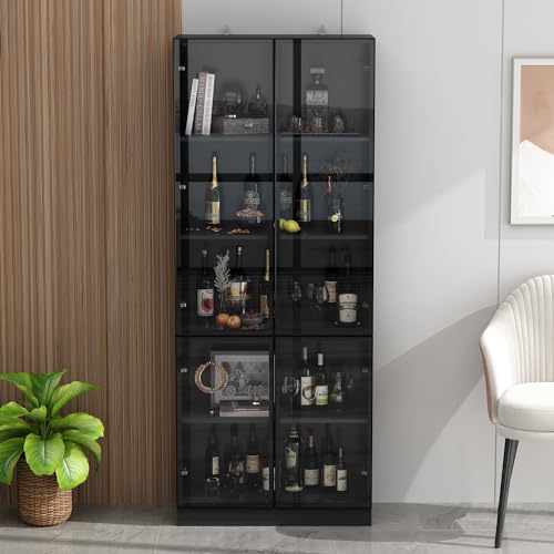 Hitow Glass Door Cabinet with Lights, 4 Shelves and 2 Drawers, Black F6428