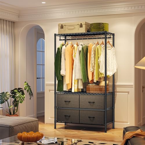 Raybee Clothing Racks with 4 Drawers, Heavy Duty Metal Clothes Rack, Black J8648