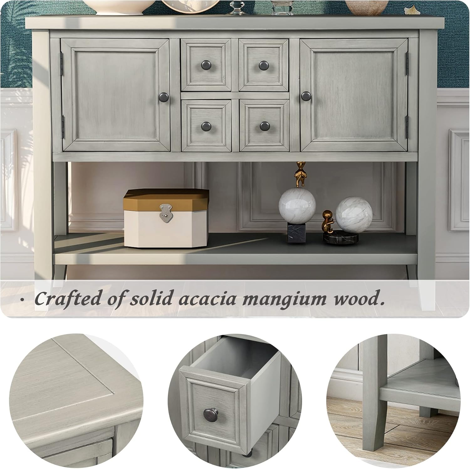 Farmhouse Vintage Console Table with 4 Drawers and Bottom Shelf, Solid Wood, Antique Gray F702450