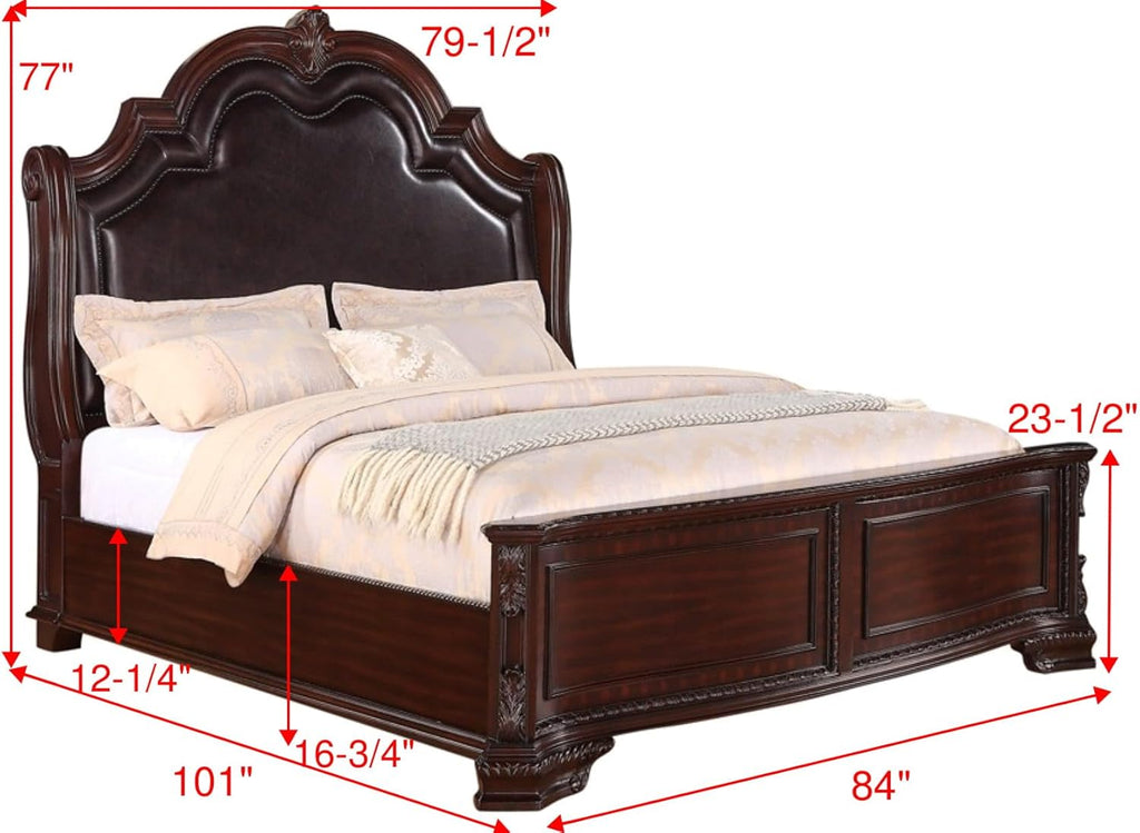 Traditional 3pc King Size Faux Leather Panel Bed with 2 Nightstands Cherry Finish C718221