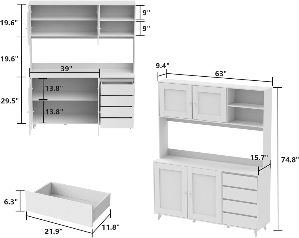 Buffet with Hutch, Freestanding Kitchen Pantry Oak/White J252