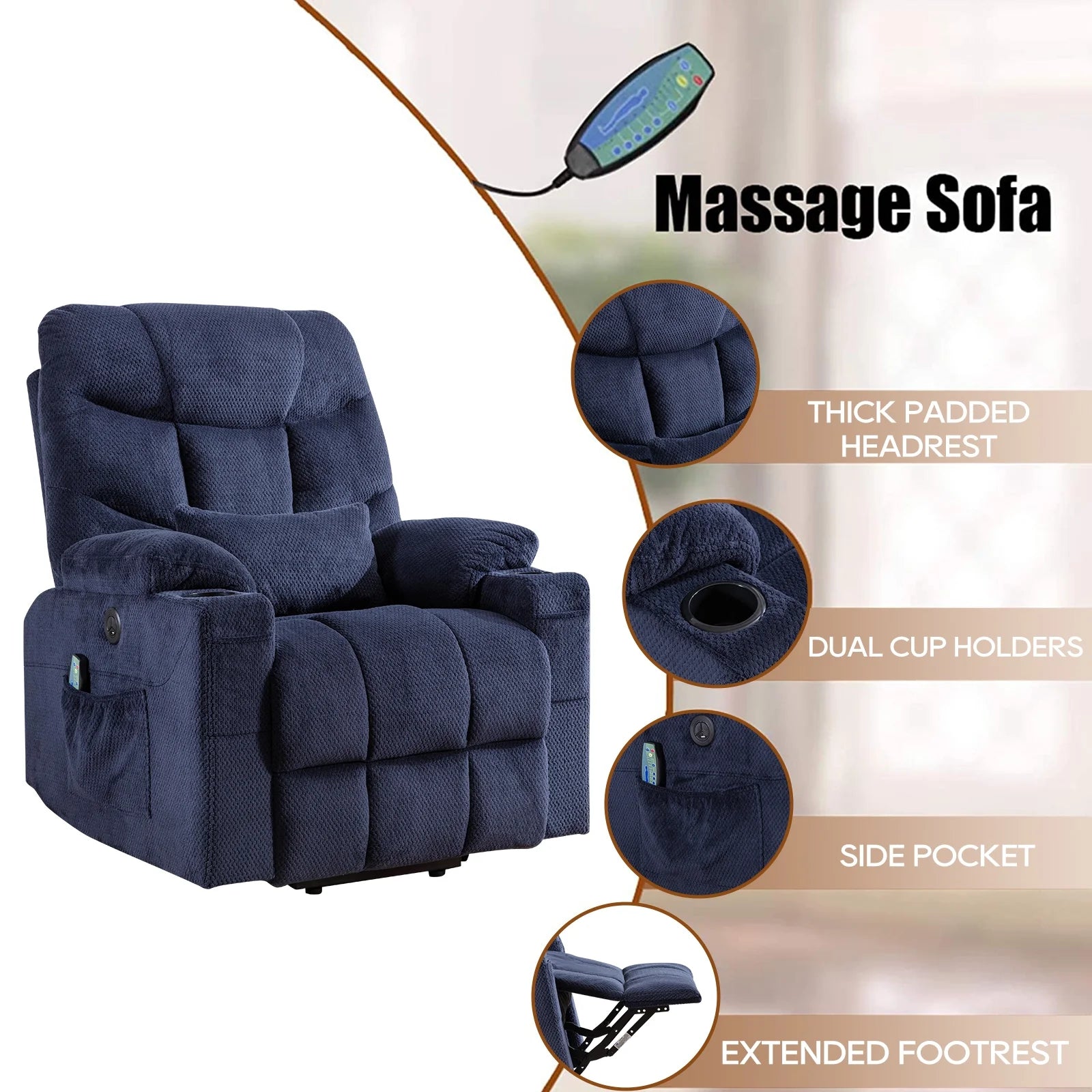 Power Lift Recliner Chair with Vibration Massage & Heat, Blue P788