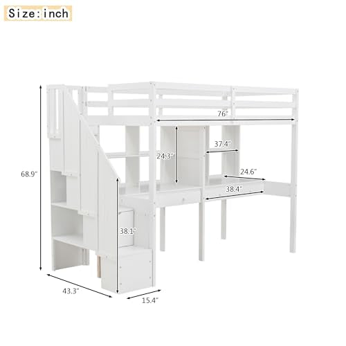 Harper & Bright Designs Twin Size Loft Bed with Stairs and Desks, White A4887
