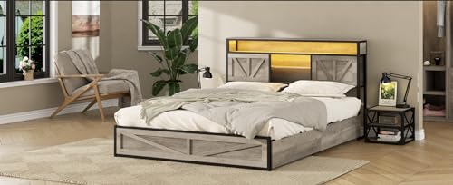 Queen Size Bed Frame with Charging Station and 4 Drawers, Wash Grey F262655
