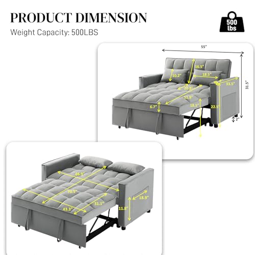 3 in 1 Convertible Sleeper Sofa Bed with Pullout Bed, Velvet, Beige I274535