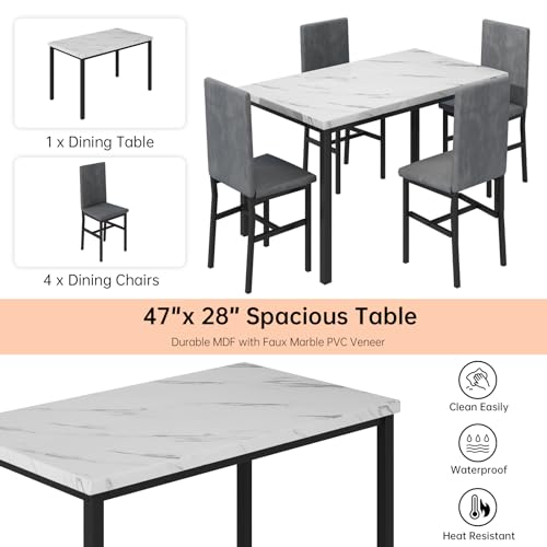 Hooseng Dining Table Set for 4, Faux Marble Tabletop & PU Leather Chairs, Brown & White Z433
