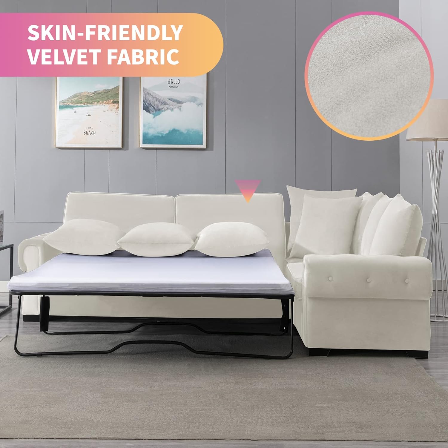 Mixoy Pull Out Sofa Bed 2 in 1 Sleeper with Folding Foam Mattress, Beige G197