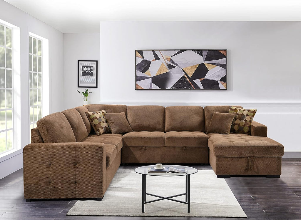 123" Oversized Sectional Sofa with Storage Chaise, U Shaped Sectional Couch with 4 Throw Pillows for Large Space Dorm Apartment. Brown