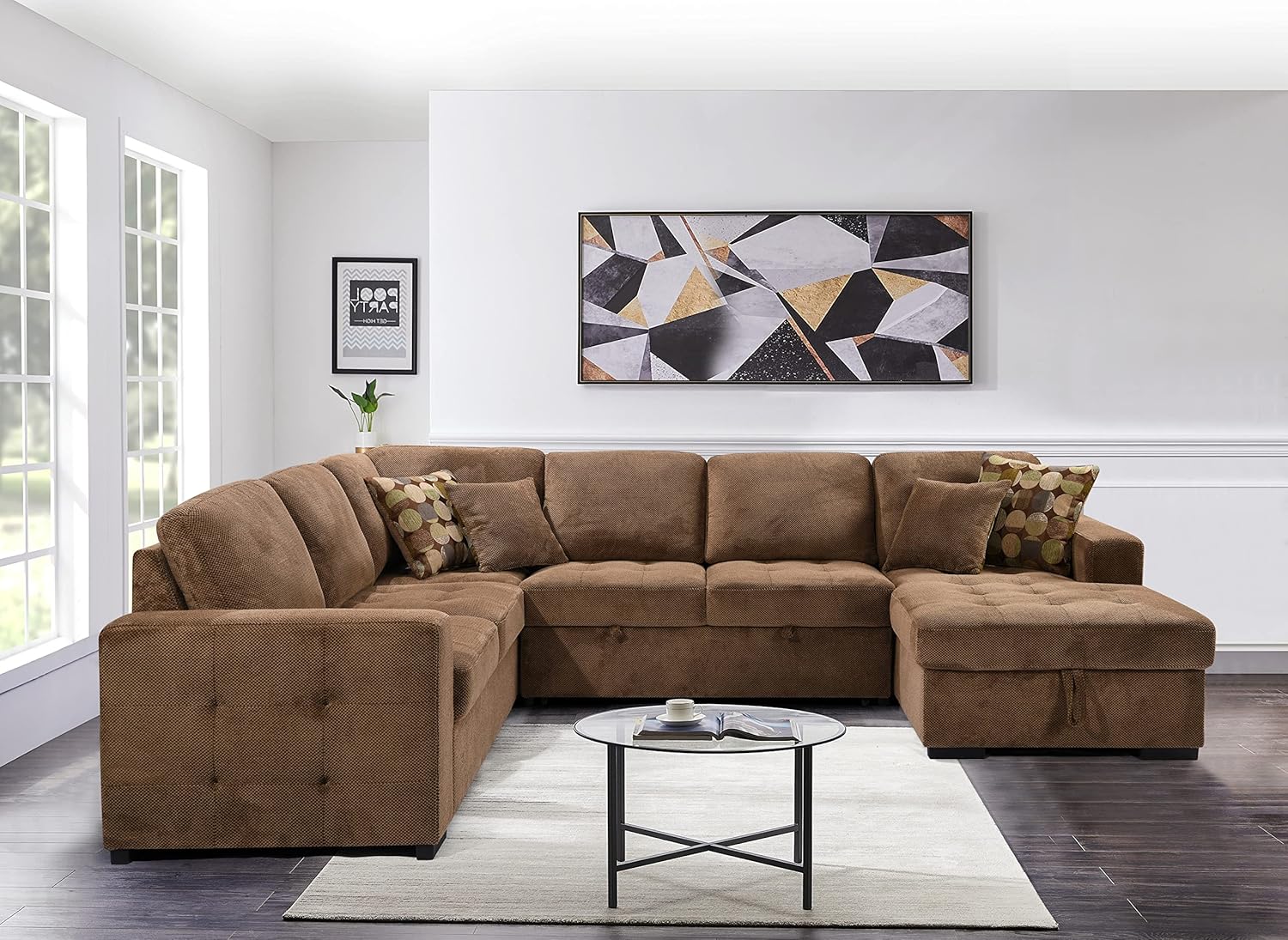 123" Oversized Sectional Sofa with Storage Chaise, U Shaped Sectional Couch with 4 Throw Pillows for Large Space Dorm Apartment. Brown