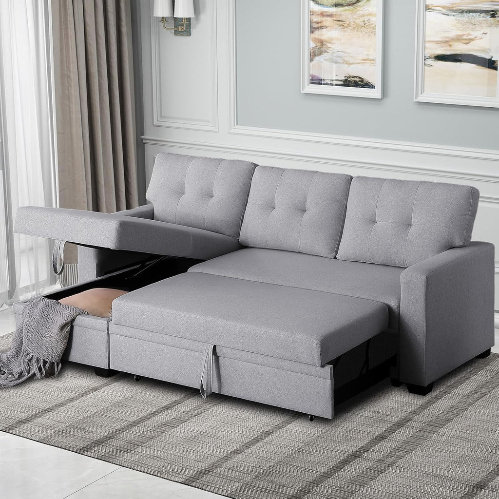 4-in-1 Convertible L Shaped Couch with Pull Out Bed and Storage Sectional Sleeper Sofa with Reversible Chaise for Living Room, Apartment, Bedroom, Office, Light Gray