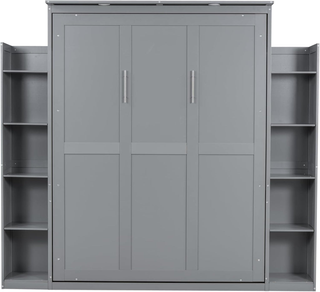 WADRI Queen Size Murphy Bed Wall Bed with Bookshelf, Solid Wood, Gray E603808