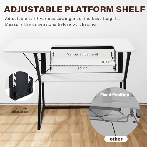Sewing Table with Adjustable Platform and Storage Shelf - White M966