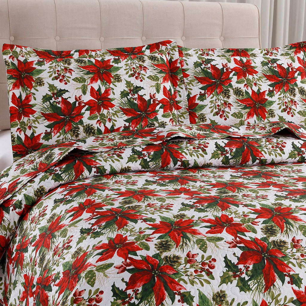 Christmas Quilt Set King Size Poinsettia Floral Bedspread Coverlet with Pillow Shams D24015