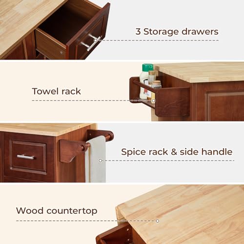 54" Kitchen Island Cart with Drop Leaf, Storage and Wood Tabletop X357