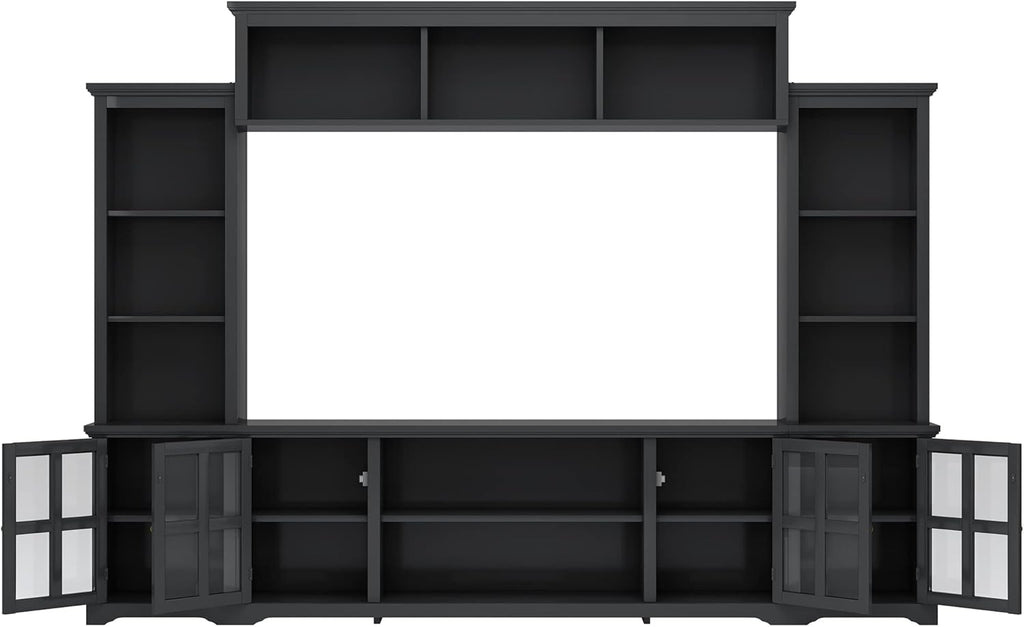 Entertainment Wall Unit with Bridge, Stand Media Console Table for TVs Up to 70" with Tempered Glass Door, Ample Storage Space for Living Room, 104 Inch, Black