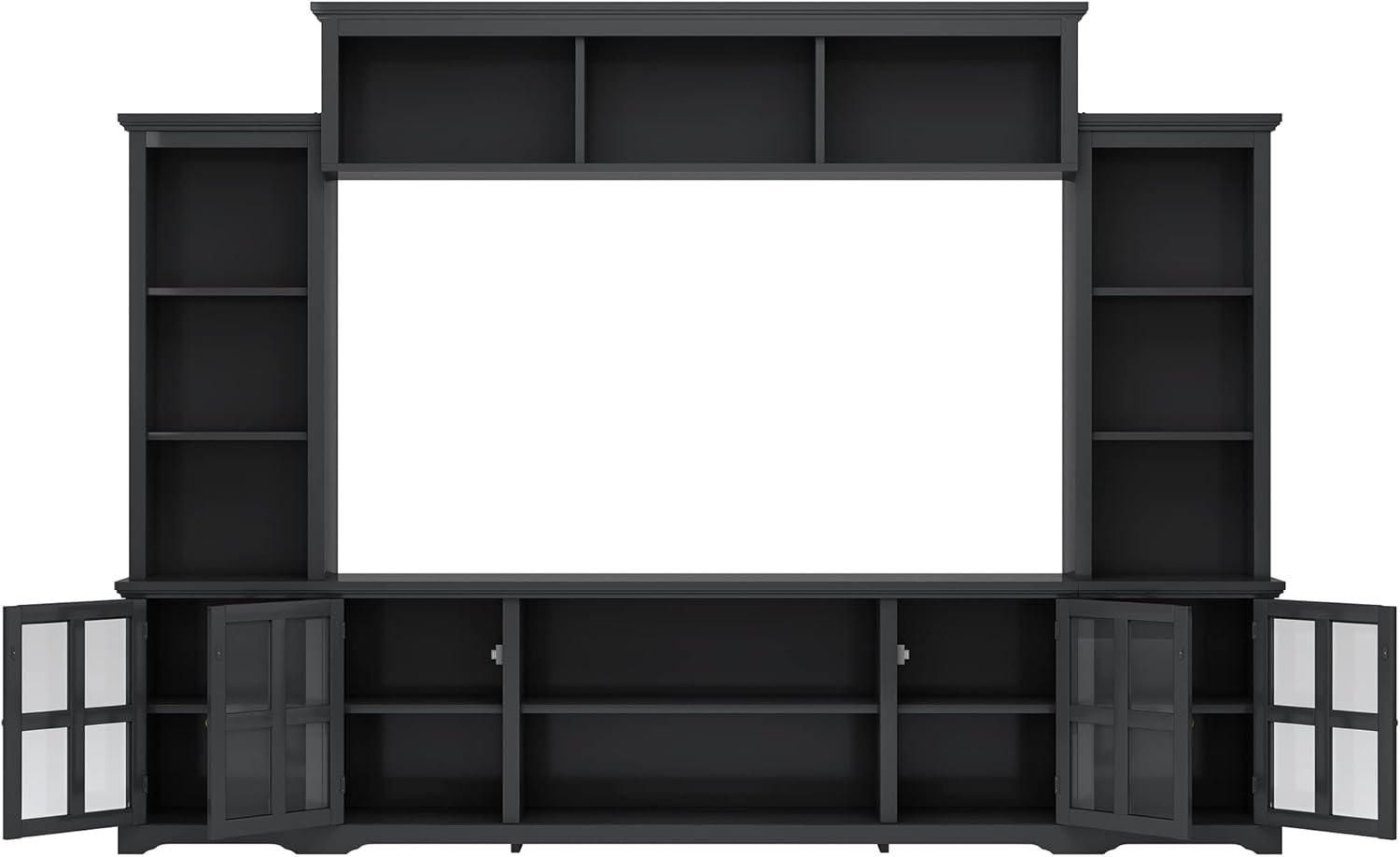 Entertainment Wall Unit with Bridge, Stand Media Console Table for TVs Up to 70" with Tempered Glass Door, Ample Storage Space for Living Room, 104 Inch, Black