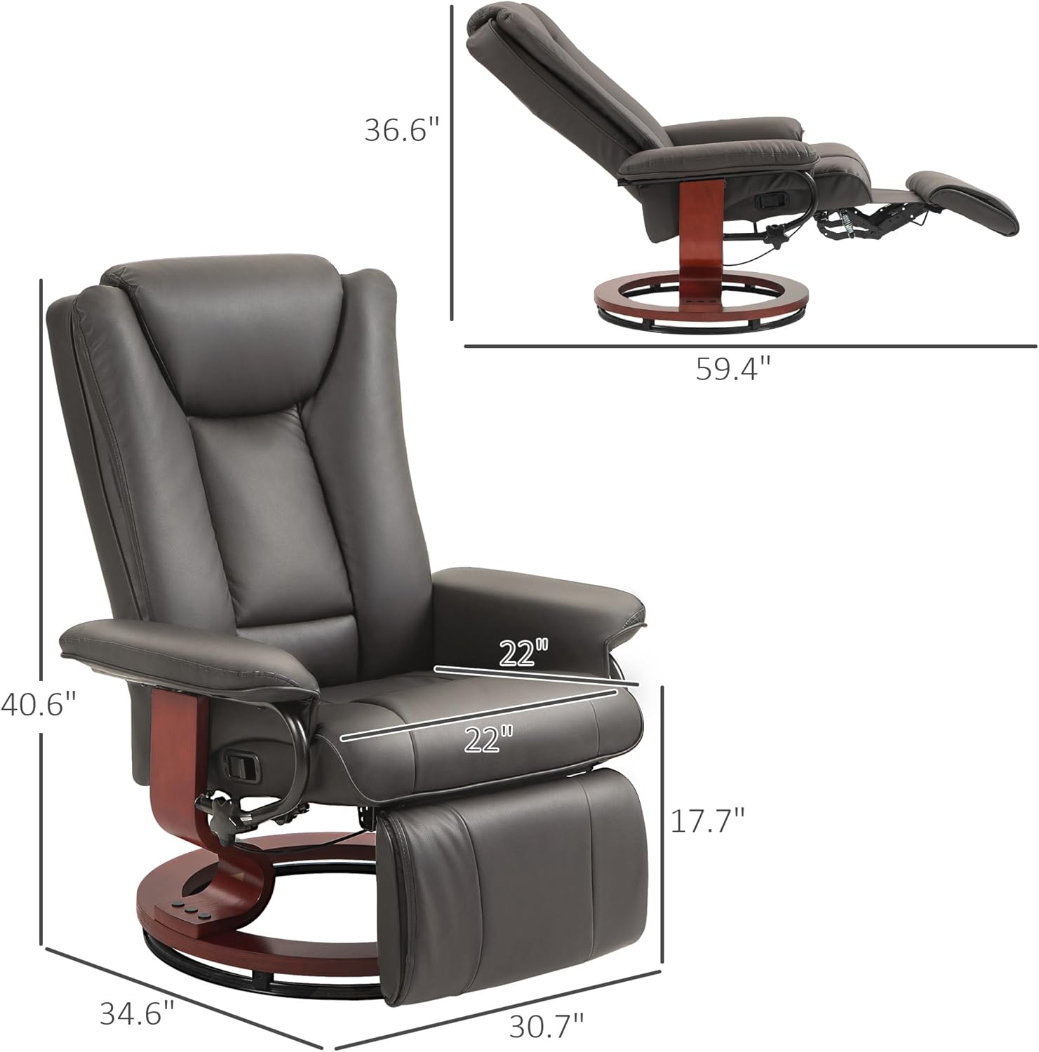 HOMCOM Manual Swivel Recliner Chair, PU Leather with Footrest, Brown X2880