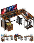 L Shaped Computer Desk with FiIe Drawers, 67" Reversible Computer Desk, Home Office Desk with Power Outlets, Gaming Desk with Adjustable Storage Shelf and Monitor Stands, Corner Desk, Vintage Gray