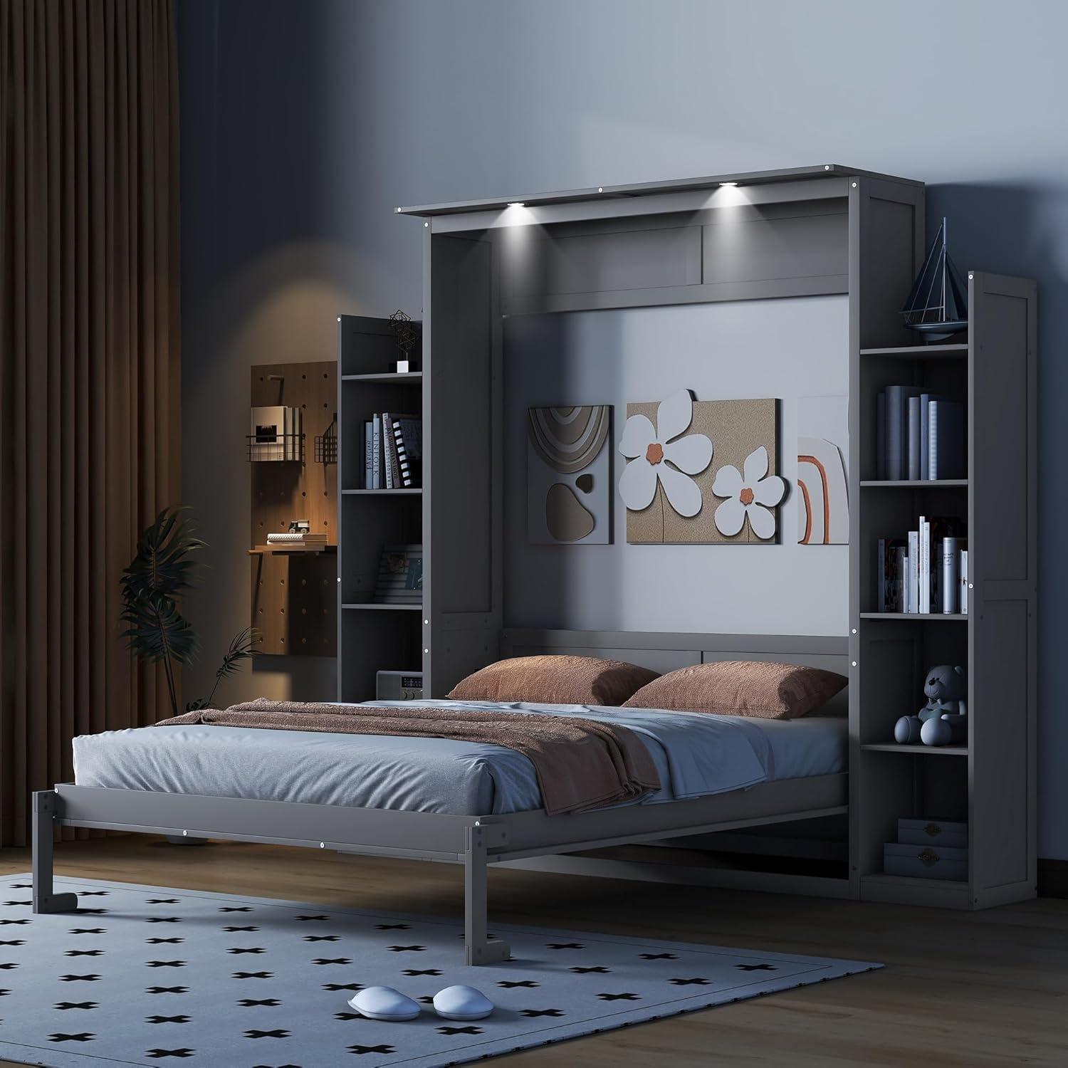 WADRI Queen Size Murphy Bed Wall Bed with Bookshelf, Solid Wood, Gray E603808