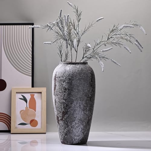13.8in Tall Stone Vase for Rustic Home Decor Farmhouse Pottery C438