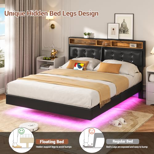 Hasuit California King Floating Bed Frame with LED Lights and Charging Station, Faux Leather Black Z6705