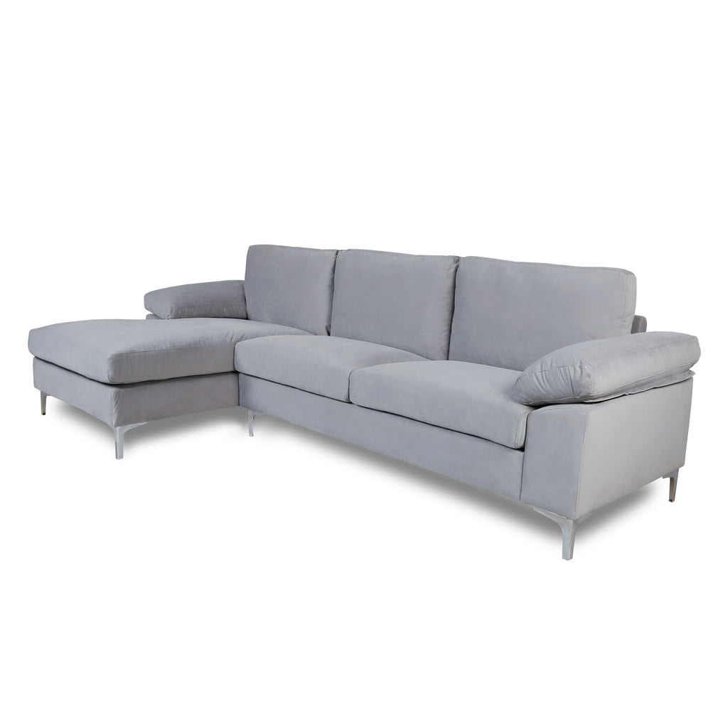 Fooing Modern Velvet L-Shape Sofa with Extra Wide Chaise, Gray M738