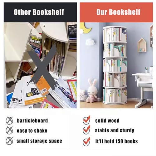 5 Tier Rotating Bookshelf Tower, Solid Wood Bookcase, White K103