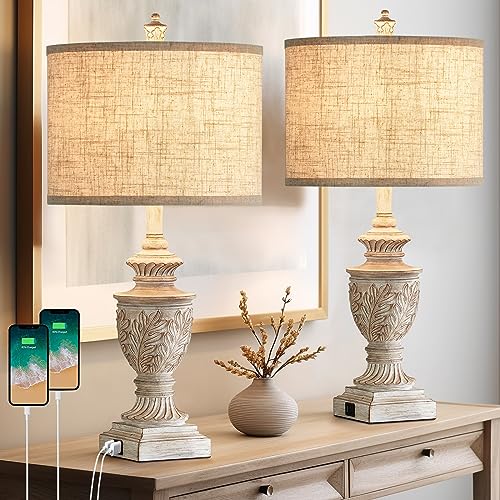 Farmhouse Table Lamps Set of 2, 26" Rustic Bedside Lamps with USB A/C Ports, Nightstand Lamps with Carved Floral, Resin End Table Lamps for Living Room, Bedroom, Rotary Switch, No Bulbs