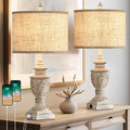 Farmhouse Table Lamps Set of 2, 26" Rustic Bedside Lamps with USB A/C Ports, Nightstand Lamps with Carved Floral, Resin End Table Lamps for Living Room, Bedroom, Rotary Switch, No Bulbs