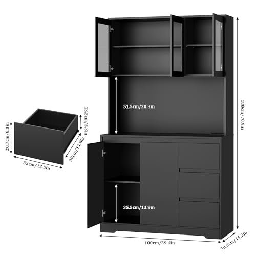 71" Kitchen Pantry Cabinet with LED Lights and Charging Station, Modern Storage and Microwave Stand Q6248